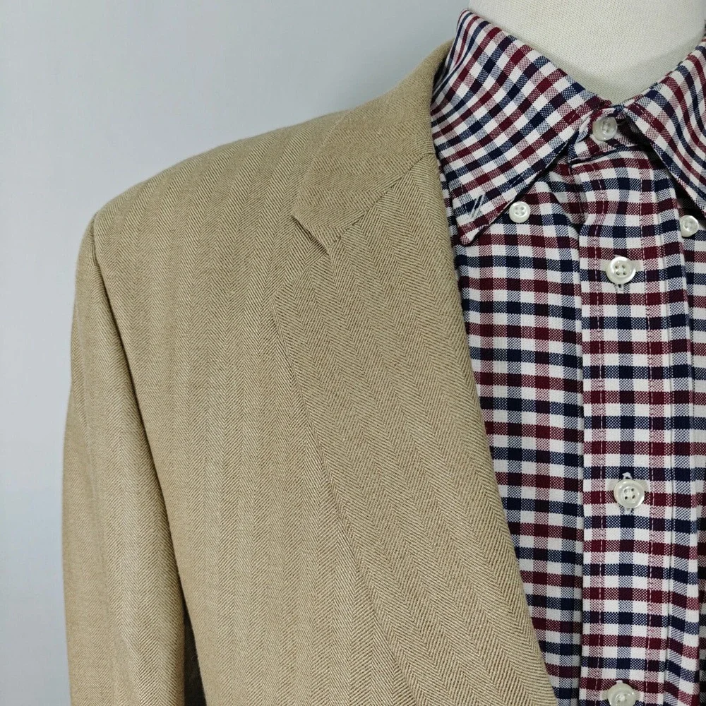 Kasper Men's Sport Coat Blazer‎ Two Button Beige Herringbone Silk Wool Size 44L